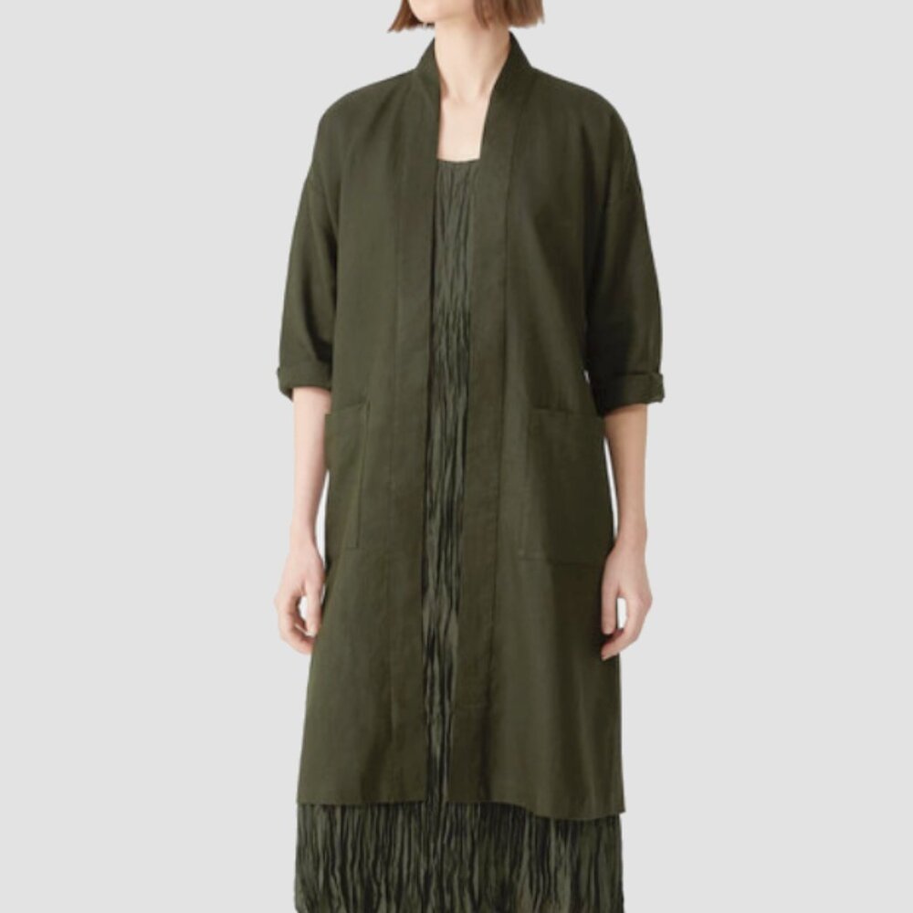 Eileen Fisher High Collar Linen Long Jacket with Belt Size 1X